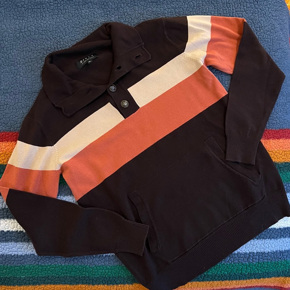 Color-block Button-up Turtle Neck Sweater